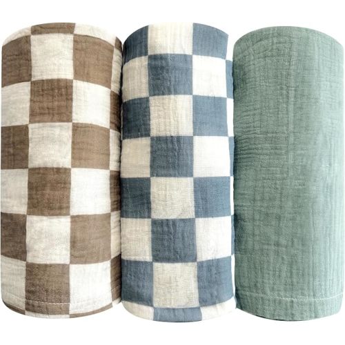 3 Pack Ultra Soft Checkered Muslin Swaddle Blankets 38"x40" Cotton Newborn Muslin Receiving Blankets for Baby Boys Infant Essentials Blanket for Stroller Crib Tummy Time Coffee Blue