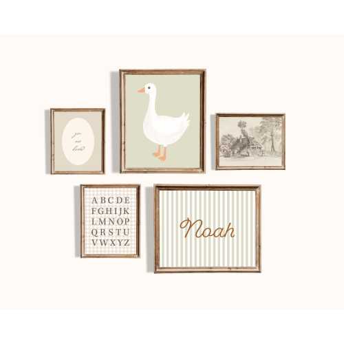 Sage Green Silly Goose Nursery Gallery Wall Set of 5 Art Prints with Custom Child Name,  Vintage Farmhouse Gingham ABC Children Room Decor