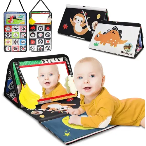 Baby Mirror Toys for Tummy Time, Newborn Infant 0 3 4 6 12 Months Old Boy, Girl Gift. Brain Developmental Montessori Sensory High Contrast Crinkle Book w Safe Mirror for Floor, Crib, Car, Bouncer