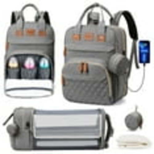 Diaper Bag Backpack, Multifunction Diaper Bag Backpack with Changing Station, USB Charging Port & Foldable Crib, Large Capacity Travel Backpack w/Sunshade&Pacifier Case&Stroller Straps(Grey)