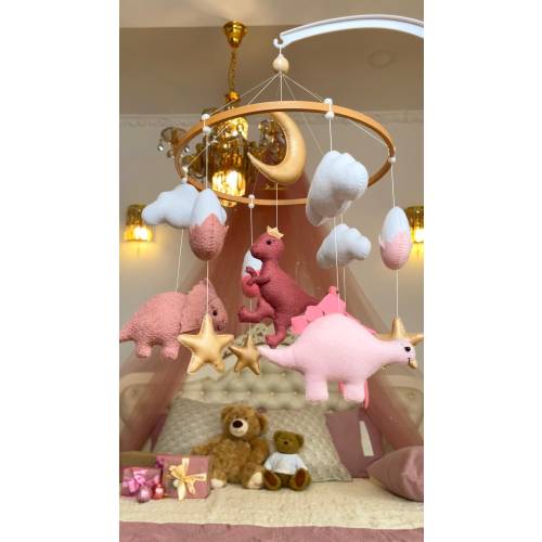 Baby mobile Dinosaur Pink Nursery decor girl animals jungle safari felt hanging Dino felt toys. Baby shower gift, pregnancy, newborn.