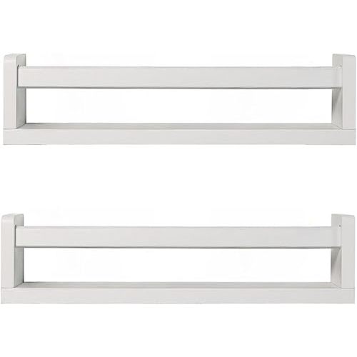 Nursery Book Shelves | Set of 2 Wood Floating Shelves for Kids Room, Kitchen Spice Rack, or Rustic Wall Mounted | Farmhouse Bathroom Décor (Rustic White).