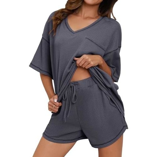 Womens Pajama Sets Waffle Knit 2 Piece Short Lounge Set Cute Sleep Loungewear Pjs Set Short Sleeve Top and Shorts