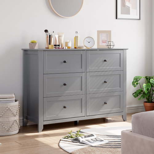 Modern Grey Dresser with 6 Drawers – Classic Design Bedroom Dresser, Lacquer Finish Chest of Drawers for Bedroom, Living Room or Entryway, gray