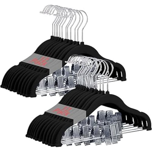 Baby Clothes Hangers with Clips, 24 Packs Kids Velvet Clothes Hangers, Heavy-Duty Childrens Hangers, Storage Organizer Clothing Hangers for Shirts, Pants, Skirts, Dresses, Jackets, Coat Black