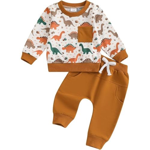 MA&BABY Toddler Boys Clothes Dinosaur Print 6 12 18 24 Months 3T 4T Outfits Long Sleeve Pullover Jogger Pant 2PC Sets