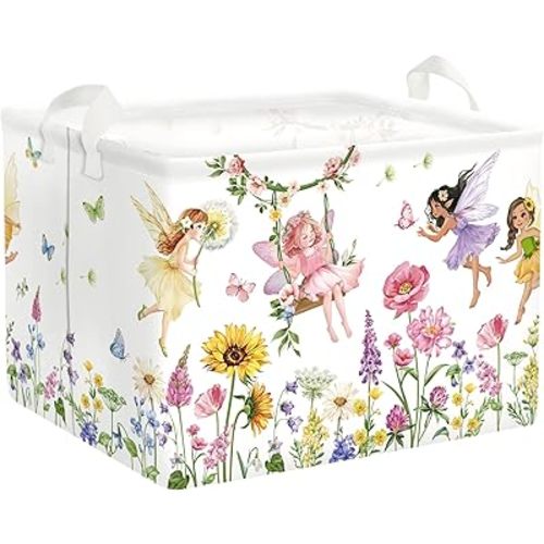 Clastyle Lovely Princess Laundry Basket Kids Clothes Book Storage Basket Gift Toy Box for Bedroom Decor,Flower Fairy,40x30x30 cm