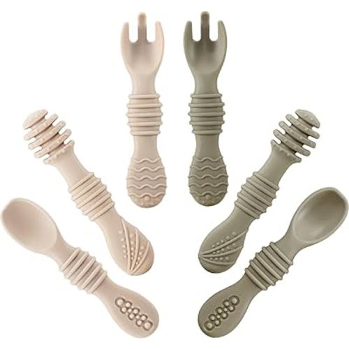 PandaEar Silicone Baby Spoons & Fork Feeding Set (6 Pack) | BPA Free Fist Stage Silicone Self Feeding Utensils for Infant Baby Led Weaning Ages 6 + Months