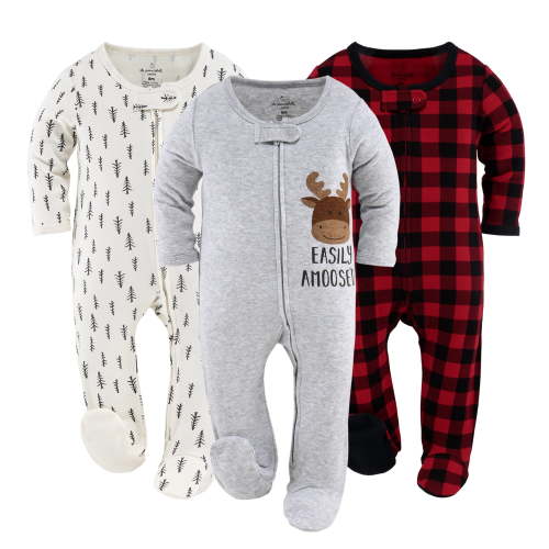 The Peanutshell Baby Sleep n Play Footed Pajamas for Boys or Girls, Red Buffalo Plaid, 3 Pack, Newborn to 9 Months