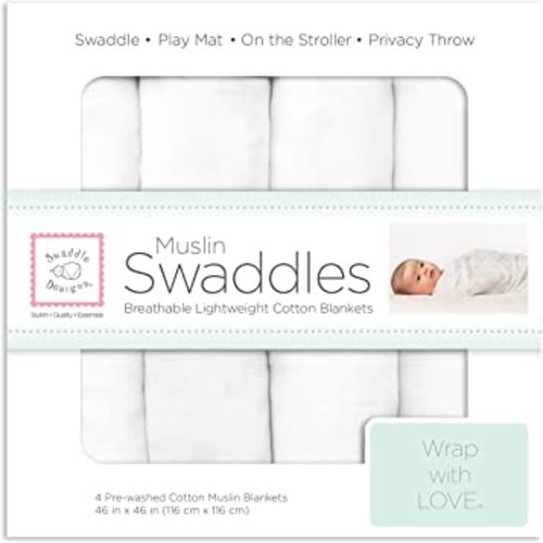 SwaddleDesigns Cotton Muslin Swaddle Blankets, Set of 4, Receiving Blankets for Baby Boys & Girls, Best Shower Gift, 46x46 inches, Pure White