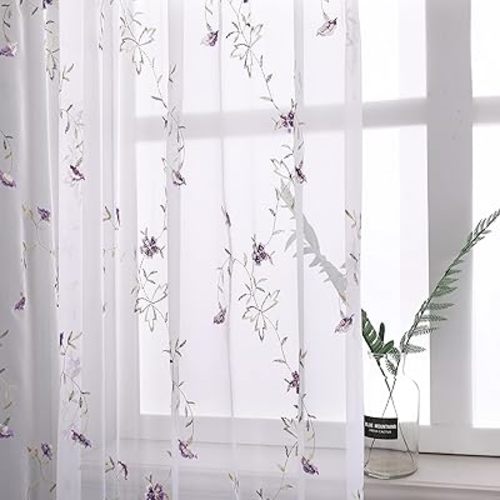Taisier Home Floral Embroidered Sheer Curtains for Girls Room Purple Buds Retro Voile Curtain Panels for Bedroom Rod Pocket 2 Panels 52" W x 45" L,Curtain with Purple Flower and Coffee Branches