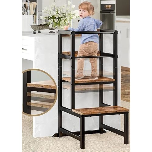 Kitchen Step Stool for Toddlers, Height Adjustable Toddler Tower with Safety Rail, Steel and Wood Toddler Kitchen Stool Helper Kids, Kitchen Stool for Kids, Learning Tower, Toddler Stool Brown