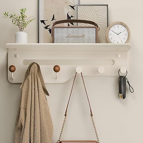 Coat Rack Wall Mount with Shelf, Wall Hooks with Storage,Towel Racks for Bathroom,Shelf with Hooks for Entryway,Living Room,Bedroom, Modern Design (01-Cream White/6Hooks(17"))
