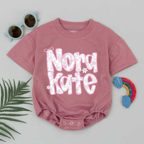 Personalized Name Baby Bubble Romper, Pink Chinoiserie Floral Bodysuit, Cute Baby Girl Outfit, Custom Birthday Clothes, Baby Shower Gift