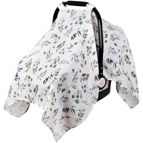 Rquite Car Seat Cover for Girl Boy, Muslin Cotton Infant Car Seat Canopy, Breathable Baby Carrier Cover, Summer Stroller Sun Shade, Leaf