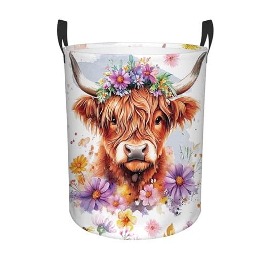 REETOOK Highland Cow Laundry Basket, 43L Round Oxford Cloth Laundry Hamper, Waterproof Collapsible Storage Organizer Bin with Handles for Toys, Nursery Home Storage, 13.8x17.7"