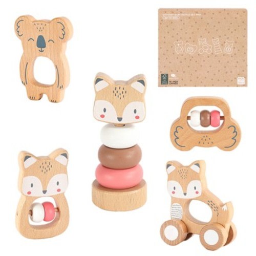 Freniland - Wooden Baby Rattle & Stacking Toy Set, Forest Friends 5 PCS Beechwood Infant Sensory Toys,Fox & Koala Grasping Combo in Pink for 10M+