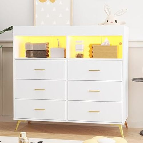 Dresser for Bedroom with 6 Drawers, Baby Changing Table Dresser with Changing Pad, LED Lights & Charging Station, Baby Changing Station with Changing Table Top, White