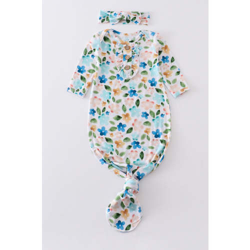 Blue floral print bamboo baby gown