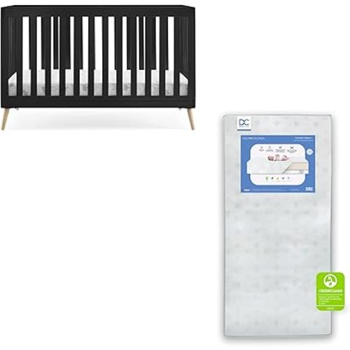 Delta Children Essex 4-in-1 Convertible Baby Crib, Ebony with Natural Legs Twinkle Galaxy Dual Sided Recycled Fiber Core Crib and Toddler Mattress (Bundle)