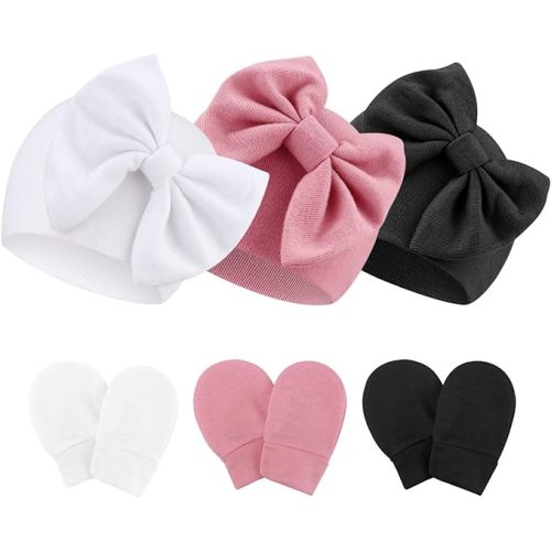 Newborn Baby Hats and Mittens Set Infant Bow Beanie Cap Toddler Gloves Newborn Hospital Hats for Baby Boy Girl 0-12 Months