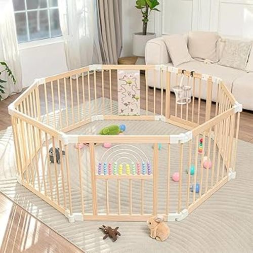Foldable Wooden Baby Playpen Activity Center,Adjustable Size & Shape Portable Play Yard, Baby Fence Play Area with Gate for Indoor Use for Babies and Toddlers(56x56x24inches)