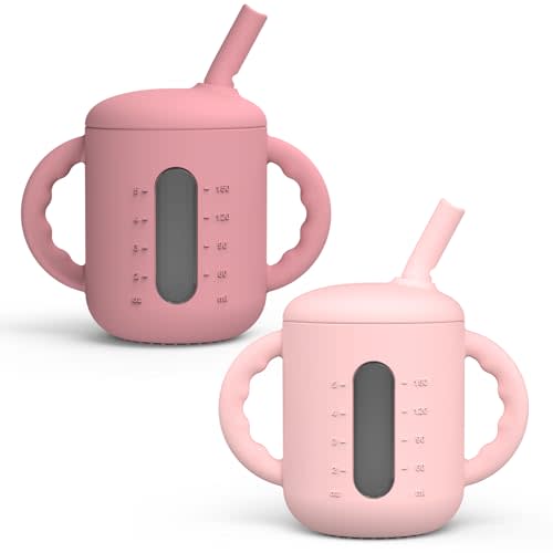 Seposeve 2 Pack Silicone Sippy Cups, Leak-Proof Baby Straw Cup for 6-12 Months, Spill Proof Toddler Cup with Straw 1-3 Years, with Capacity Marking, Non-slip Handle, Flow Control, 6 oz, Purple Pink