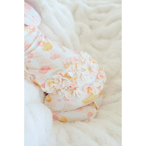 Ruffle Zipper Footie in Bubble Duckies Pink | Caden Lane