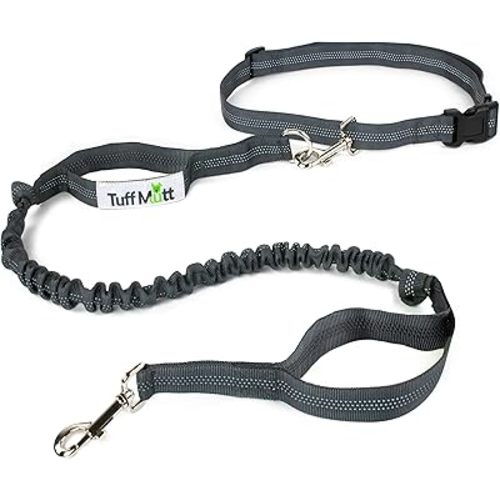Tuff Mutt Hands-Free Waist Leash for Dog Walking, Running and Hiking, Adjustable Belt with Double Handle, Reflective Bungee Design for Large & Medium Dogs