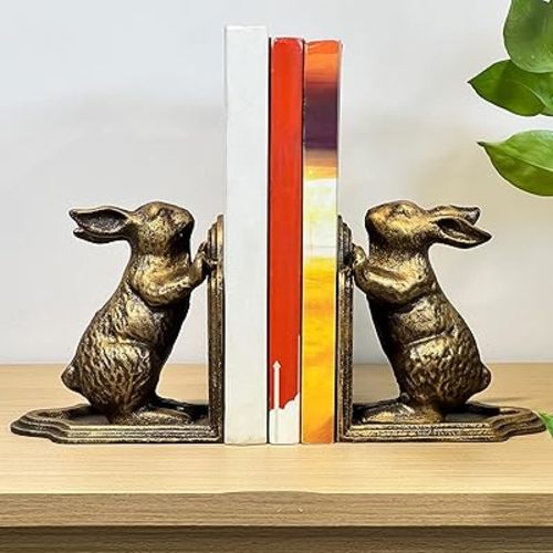 Decorative Bookends for Shelf, Cast Iron Cute Rabbit Bookshelf, Bunny Heavy Duty Book Stands Vintage Antique Shelf Decor for Reading Enthusiasts 2 Pcs, Gold