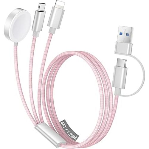 Temdan for Apple Watch Charger,3 in 2 USB C Cable for iPhone 16 Charger/Type C/Lightning Multi Charging Cable Travel Essentials Designed for iWatch Ultra/SE/10-1&iPhone 16-12-Pink