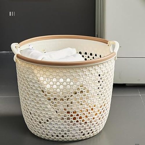 Flexible Laundry Basket - Plastic Hamper for Clothes, Ventilated Laundry Basket Clothes Bin with Carry Handles, Portable Hollow Dirty Clothes Round Hamper (Coffee)