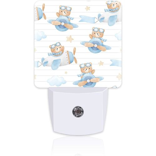 Cute Adventure Bear in Airplane Night Light, Cartoon Animal Dusk to Dawn Night Light Plug in,0.5w Energy Saving Sleep Friendly NightLight for Kids Boys Girls Home Decor