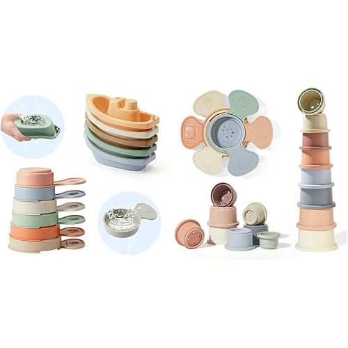 Bath Toys Floating Boats with Bathing Spoon 11 PCS+ Stacking Cups with Bathing Spoon, 14PCS