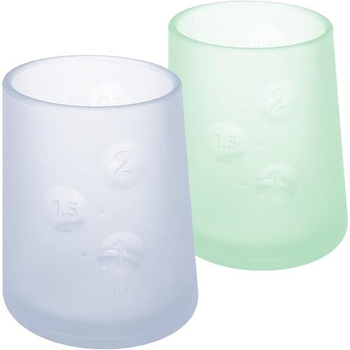 Olababy First Cup | Clear Sense 100% Silicone Infant Trainer Cup | 2oz Medicine Cup for Newborn | Non-Slip & Sloping Design for Tiny Hands & Baby Led Weaning (Blueberry/Mint, 2 Cups) - Blueberry / Mint