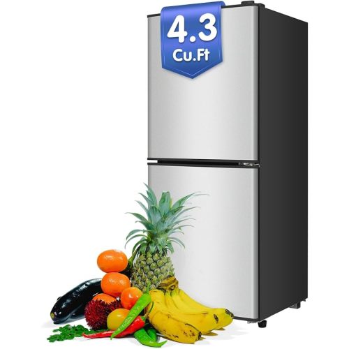 Refrigerator with Freezer for Apartment, 4.3 Cu. Ft. Dorm Fridge with 7-Level Adjustable Temperature, Compact Mini Fridge with Freezer for Dorm, Kitchen, Office, RV, Silver