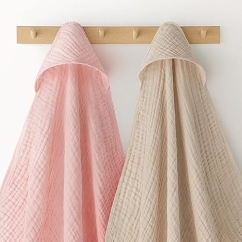 Looxii Baby Bath Towels 2 Pack Muslin Hooded Baby Towels for Newborn and Infants, 100% Cotton, Large 32x32Inch, Soft and Absorbent Beige+Green