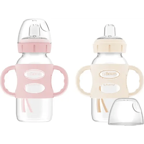 Dr. Brown's Milestones Wide-Neck Sippy Spout Bottle with 100% Silicone Handles, Easy-Grip Handles with Soft Sippy Spout, 9oz/270mL, Light-Pink & Ecru, 2-Pack, 6m+