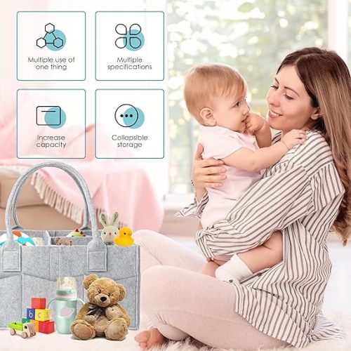 Cute Castle 2 Pack Diaper Caddy Organizer - Portable Baby Caddy Organizer with Handle, Nursery Storage Bin and Car Organizer for Girls, Boys - Baby Gift Basket - Grey - Regular