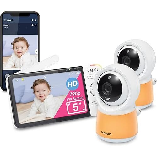 VTech RM5754-2HD Smart Wi-Fi Video Baby Monitor with 5” Display and 1080p HD Cameras, Built-in Night Light & 2 Cameras, White