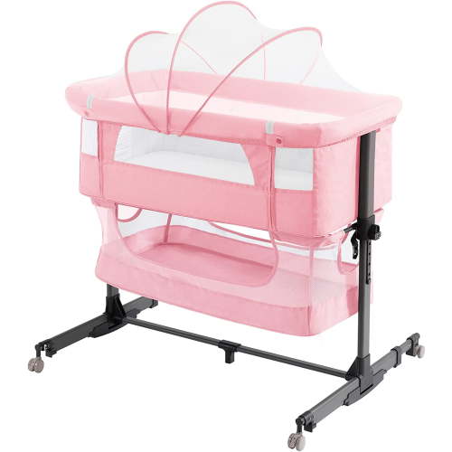 Nordmiex Crib for Newborn Baby, 3-in-1 Adjustable Sleeper Bassinet with Breathable Sleep Cover and Net, Pink
