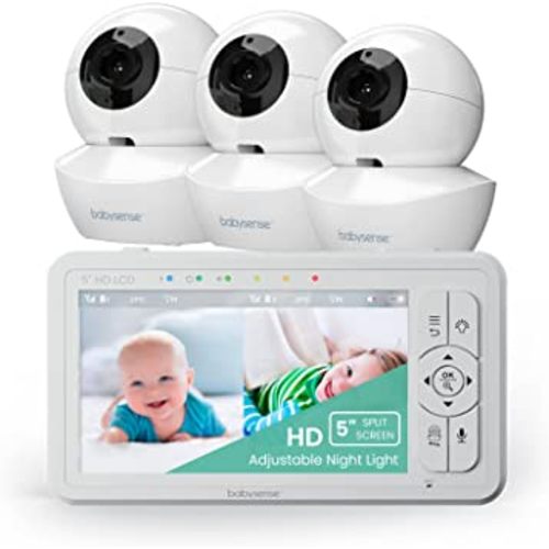 Babysense 5" HD Split-Screen Baby Monitor, Video Baby Monitor with Camera and Audio, Three HD Cameras with Remote PTZ, Night Light, 960ft Range, Two-Way Audio, 4X Zoom, Night Vision, 4000mAh Battery