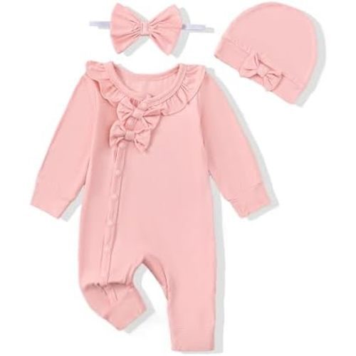 Mikrdoo Newborn Infant Baby Girl Clothes Fall Winter Outfits Long Sleeve Zipper Rompers with Headband