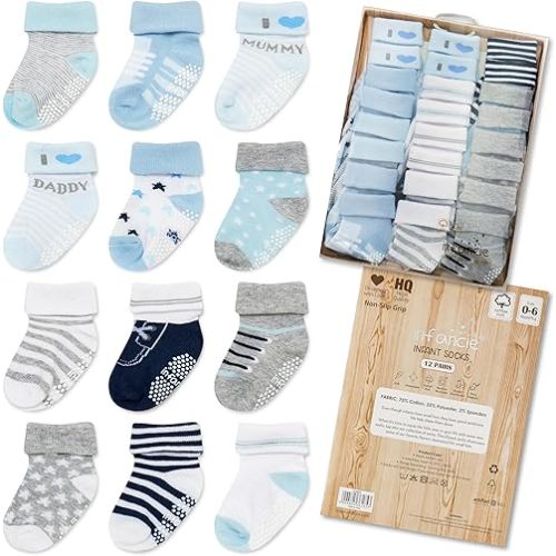 Baby Socks 12 Pairs - Non-Slip Infant Grip for Newborns & Toddlers 0-6 Months, Boys & Girls, Safe for Walking