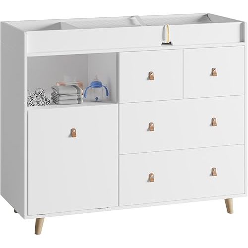 Baby Changing Table Nursery Dresser with Drawers, 45 Inch Hidden Trash Storage,Changing Station,Storage Dresser Chest for Infant, White