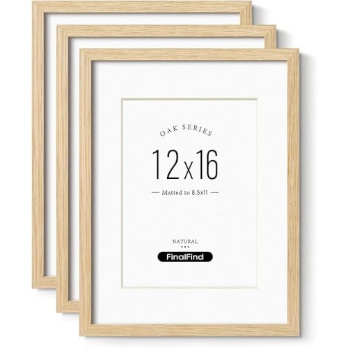 12x16 Frame with Mat for 8.5x11 Set of 3, Natural Solid Oak Wood 12x16 Picture Frame, Lightweight for Wall Mounting(3 Pack,Oak)