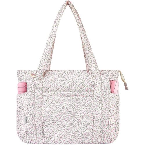 WOBAGMEN Quilted Tote Bag for Women, Floral Quilted Tote Bag with Zipper, Cute Shoulder Bag for Work, Travel, Gym