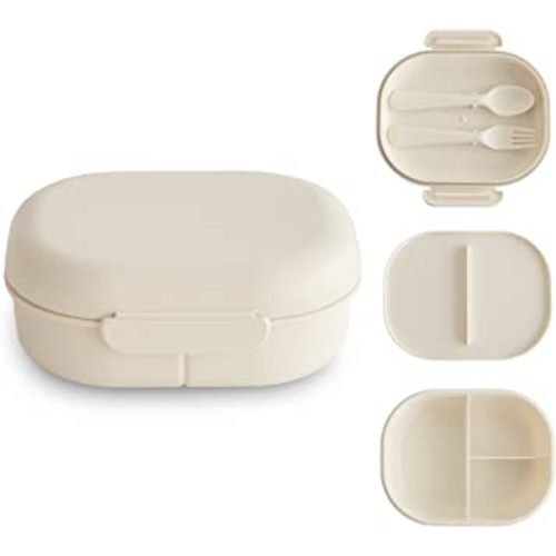 mushie Kids Bento Lunch Box | 3-Compartment & Removable Divider + Fork & Spoon Utensils | Great For Meals, School, Snacks On-the-Go | Dishwasher Safe (Ivory)