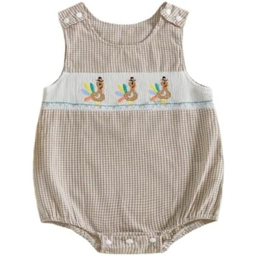 Newborn Baby Boy Thanksgiving Clothes Turkey Embroidery Sleeveless Smocked Bubble Romper Plaid Bodysuit Fall Outfit