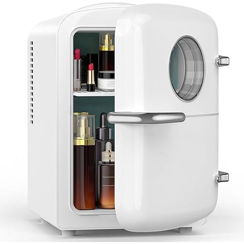 Electactic Mini Fridge for Bedroom, 4L/6 Cans Small Cosmetic Fridge for Skincare, Makeup & Drink, With Observation Window, Portable Desk Fridge Cooler and Warmer for Kids, Car, Office, Dorm, White